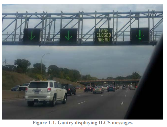 Digital Sign informing I-94 drivers that a future lane is closed