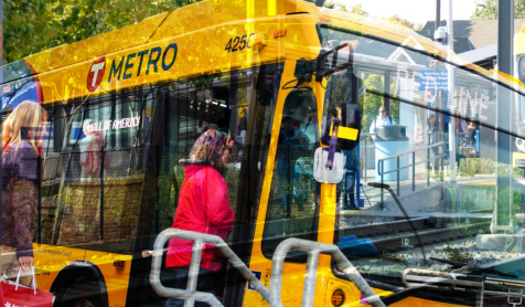 Image of the A Line bus overlayed over a Blue line Train Station