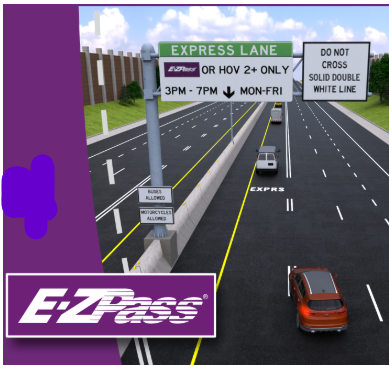 E-Z Pass adverstisment. Left side of the image is purple, with an E-Z Pass logo on the bottom left. The right side is a Computer-Generated Image of a car merging onto an E-Z Pass express lane