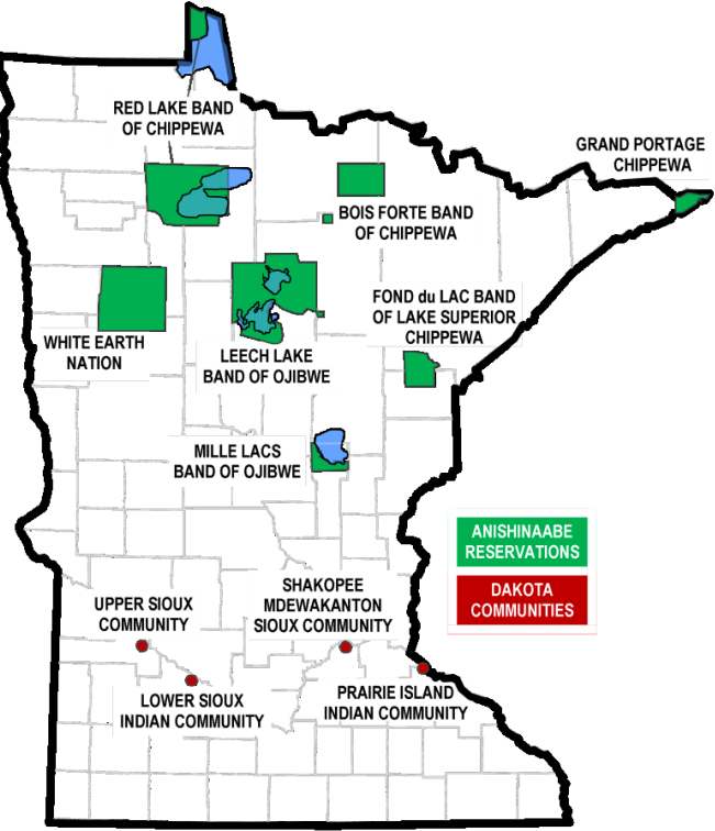 Map of MN with Anishinaabe Reservations and Dakota Communities labeled separately.